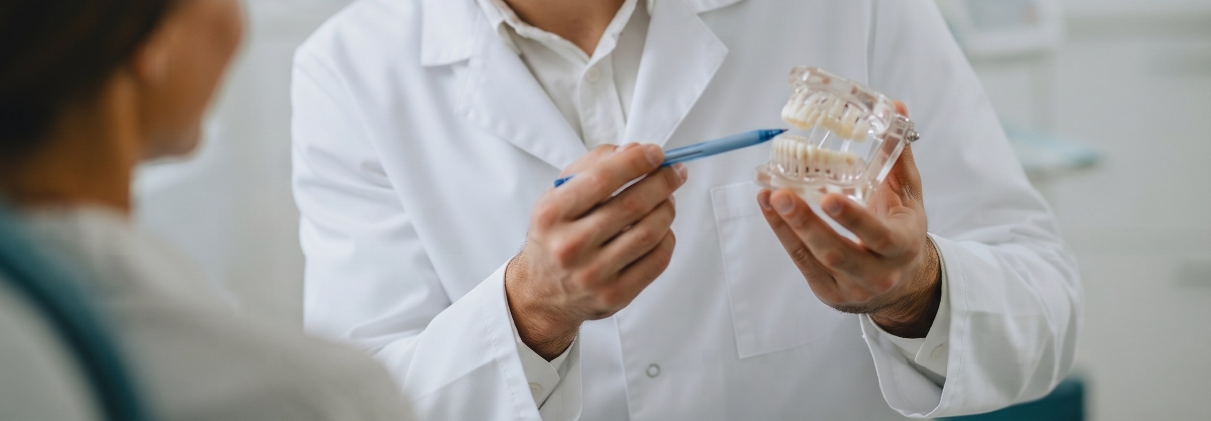 A doctor walking a patient through a dental model during a consultation